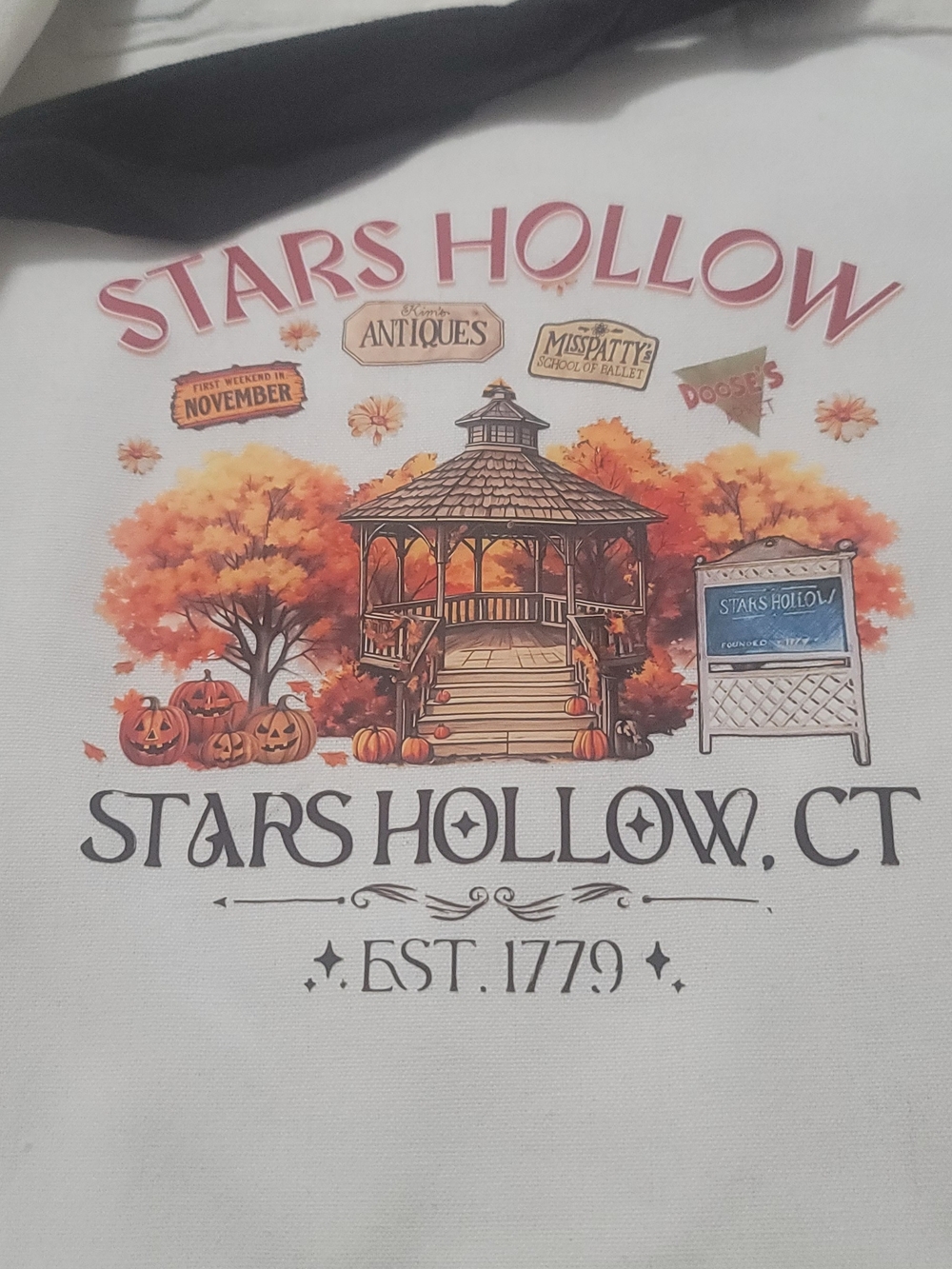 Stars Hollow CT ' White Graphic Tee with Autumn Print